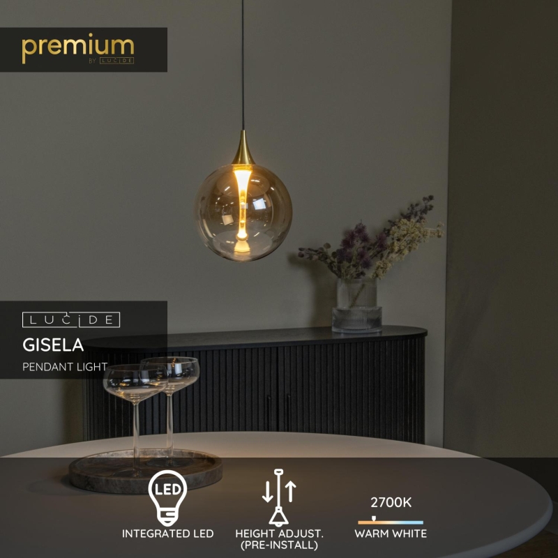 Lucide GISELA - Závesné svietidlo - Ø 16 cm - LED Rozm. - 1x5W 2700K - Jantárová